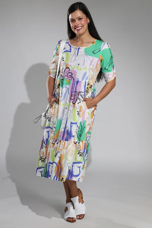 Plunging neckline dresses for womenViscose Cotton Dress | Multi Abstract Sketch | 6535A1