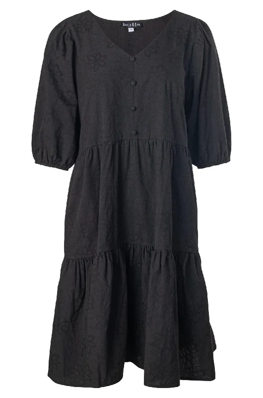 Bell sleeve dresses for women100% Cotton Short Dress | Black | 6126A1