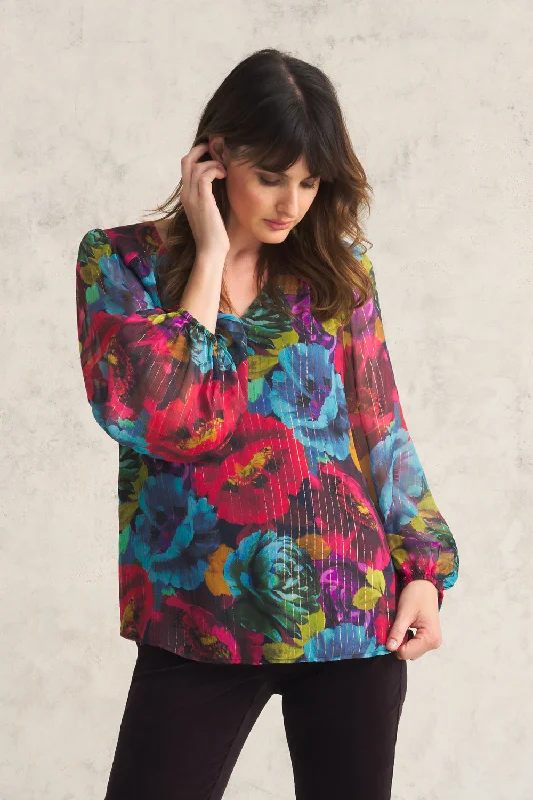 Sequined women's topsPrinted Lurex Stripe Blouse - Oversized Floral