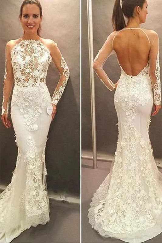 Spring dresses for blossoming stylesRoycebridal Gorgeous Lace Mermaid Long Sleeve Open Back Wedding Dress Bridal Dresses, MW182