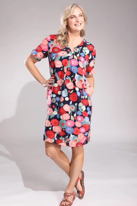 Halter dresses for women100% Cotton V neck Dress | Navy Red Poppy | 6273A1