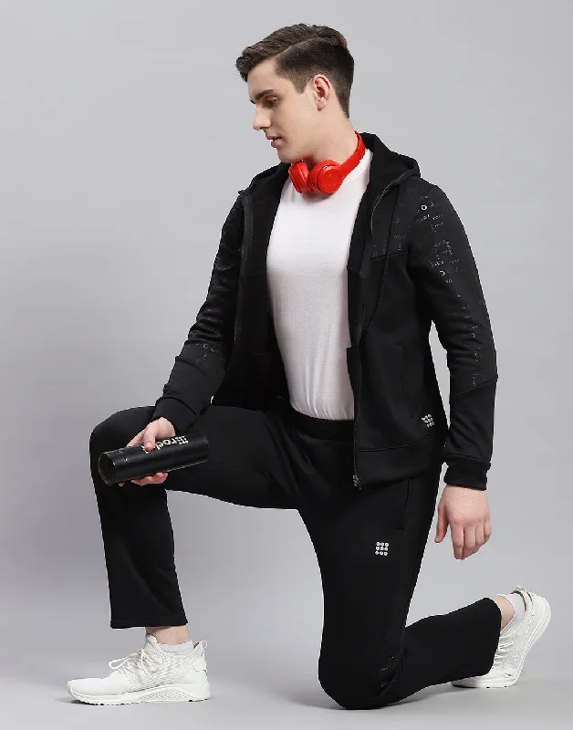 men's high-performance shirtsMen Black Printed Hooded Full Sleeve Tracksuit