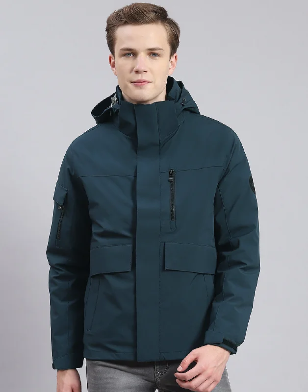 men's insulated parkasMen Teal Blue Solid Hooded Full Sleeve Jacket