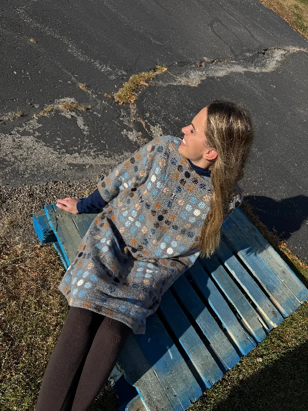 Crew neck women's topsGlaze Blue Polka Dots Wool Tunic Dress