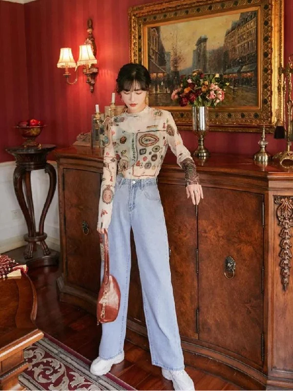Autumn women's topsVintage Symbols Sheer Top