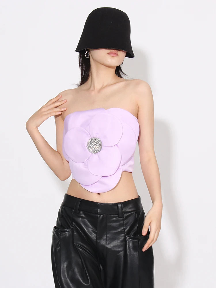 Lace-up women's topsFlower Rhinestone Zip-Up Strapless Top