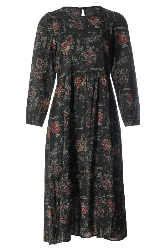 Flutter sleeve dresses for womenViscose/Cotton long sleeve Dress | Black Botanical | 6535ZZ