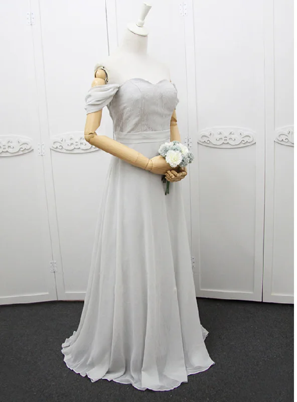 Statement dresses for making a fashion statementGray Chiffon Off the Shoulder Bridesmaid Dress
