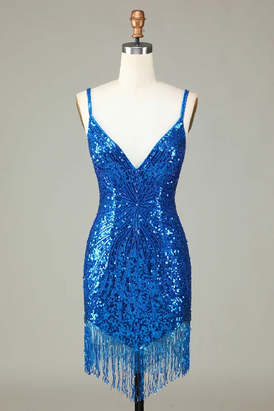 Short-sleeved dresses for womenSparkly Blue Bodycon Lace-Up Back Beaded Short Homecoming Dress with Tassel