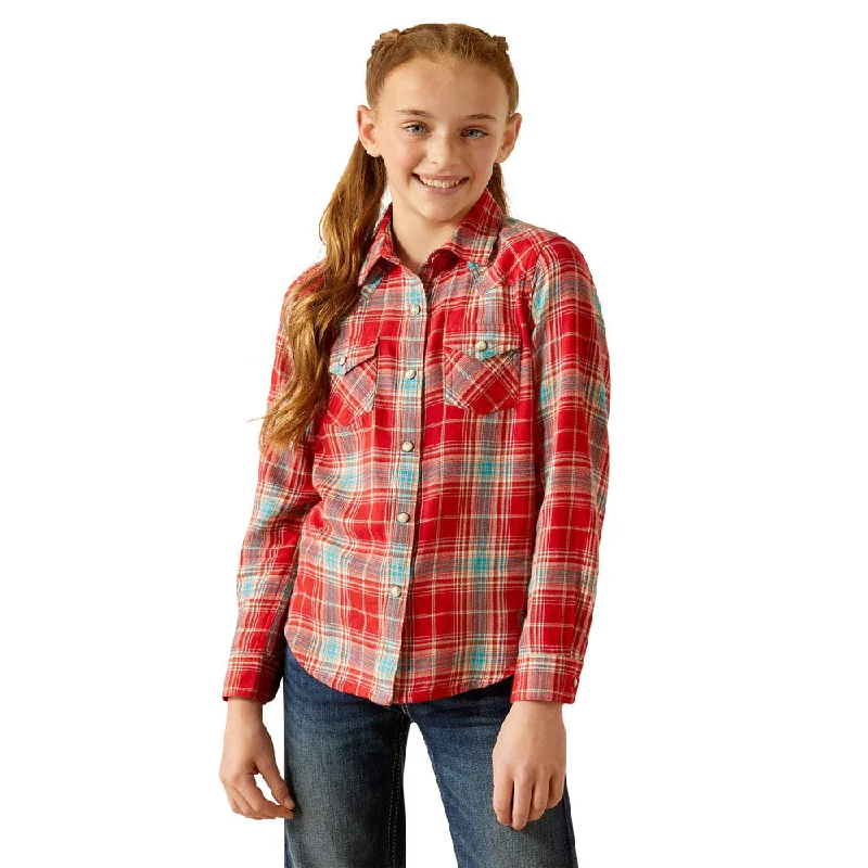 Women's casual tops10052470 Ariat Girls' Barn Plaid Long Sleeve Western Snap Shirt - Barn Red