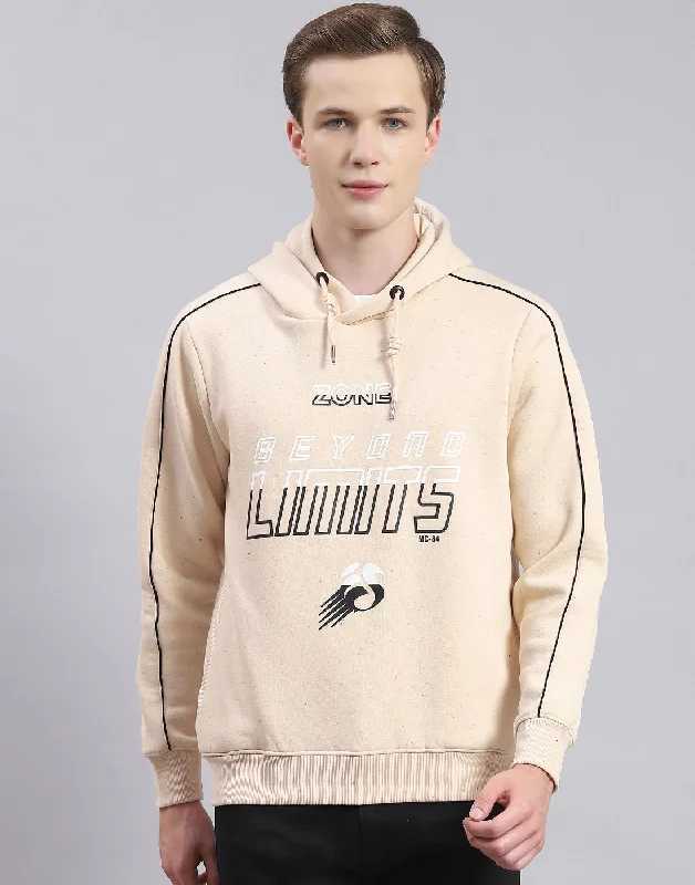 men's sports shirts for snowboardingMen Beige Printed Hooded Full Sleeve Sweatshirt