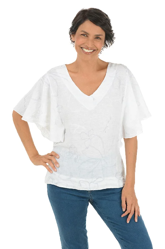 Petite women's topsWhite Floral Flutter Sleeve Linen Blouse