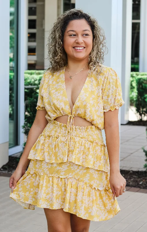 Long flowy dresses for womenThe Ruffled Cut-Out Mini Dress (Gold)