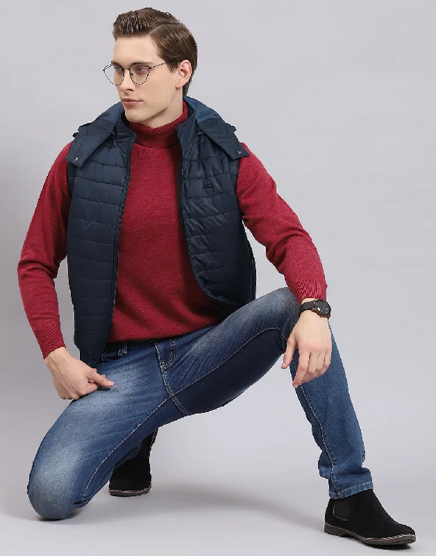 men's patchwork denim jacketsMen Navy Blue Printed Hooded Sleeveless Jacket