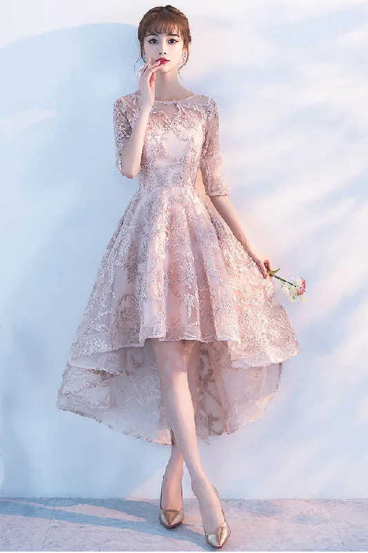 Motherhood dresses for pregnant womenPrincess A-Line Lace High Low Half Sleeves Homecoming Dresses OKC96