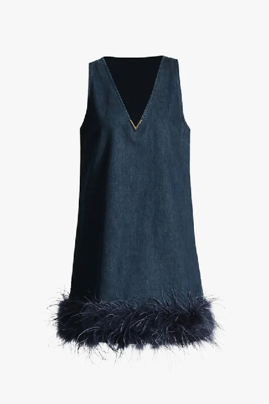 Smock dresses for womenRetro Deep V Neck Sleeveless Faux Feather Trim Denim Mini Sundress