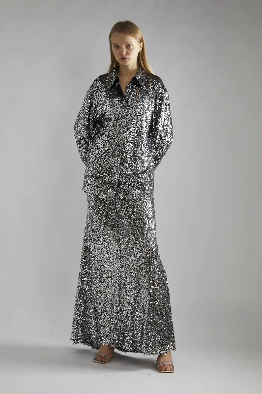 Lace women's topsBlack-Silver Sequin Loose-Fit Shirt