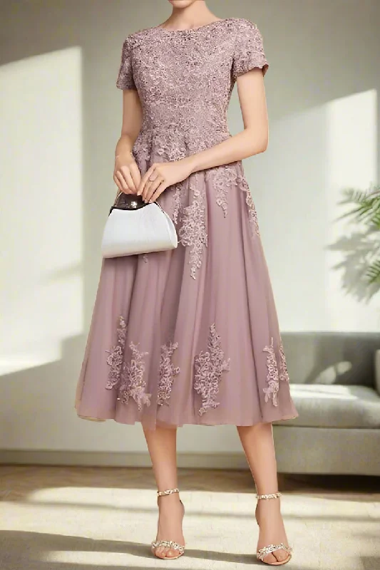 Bell sleeve dresses for womenAppliques Dusk A-Line Tea Length Mother of the Bride Dress