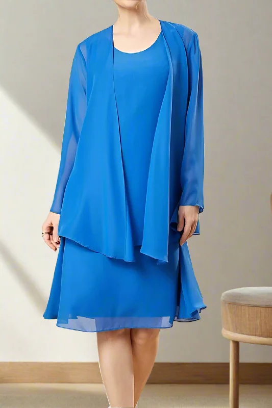 Ruched dresses for womenElegant Ocean Blue Knee Length Chiffon Mother of the Bride Dress