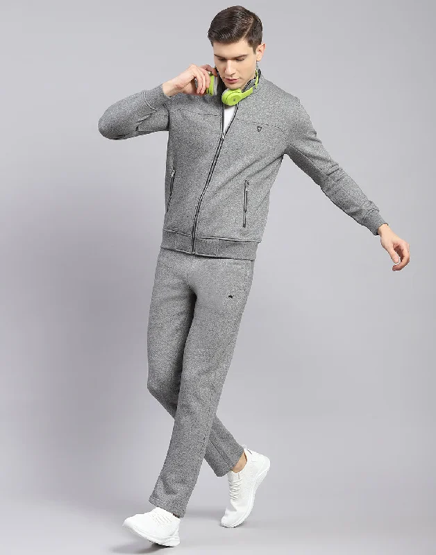 men's sports shirts for hot weatherMen Grey Solid Stand Collar Full Sleeve Tracksuit
