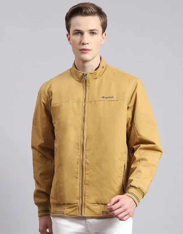 men's dressy blazersMen Mustard Solid Stand Collar Full Sleeve Jacket