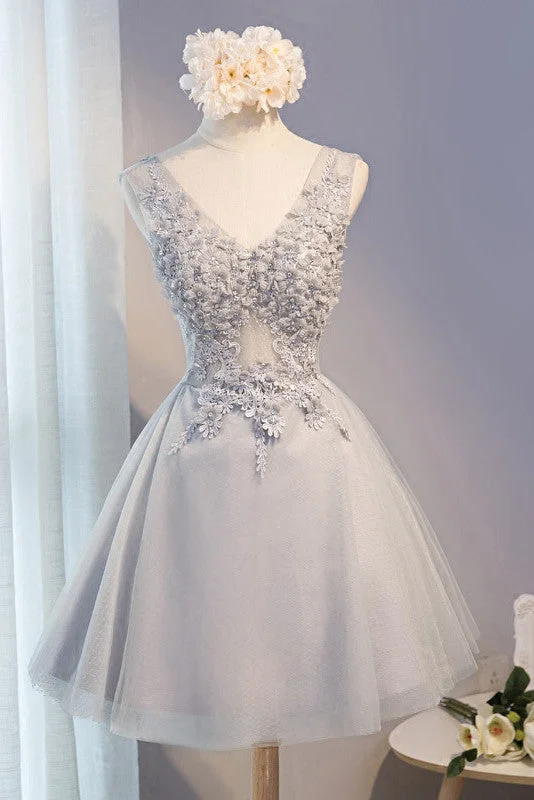 Cotton dresses for everyday wearA-Line Lace Appliques Short Gray V Neck Homecoming Dresses OKD1