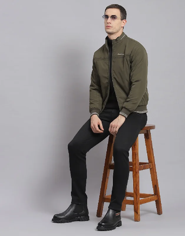 men's vintage leather jacketsMen Olive Solid Stand Collar Full Sleeve Jacket