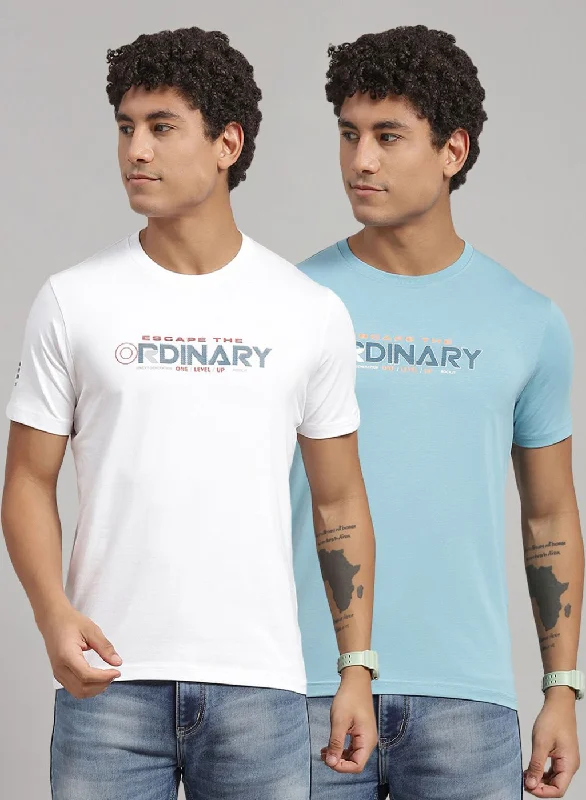 layering short-sleeved shirts for men during colder weatherMen Blue Printed T-Shirt 2 Pc
