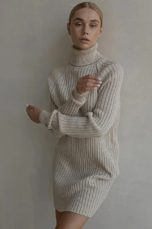Velvet dresses for winterChic Turtleneck Long Sleeve Chunky Ribbed Knit Winter Sweater Mini Dress - Khaki