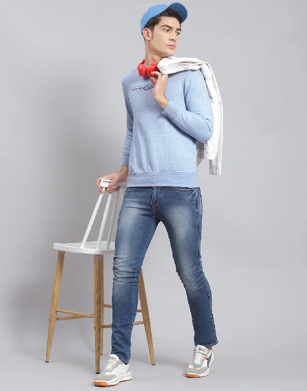 men's sports shirts for amateur athletesMen Blue Solid Round Neck Full Sleeve Sweatshirt
