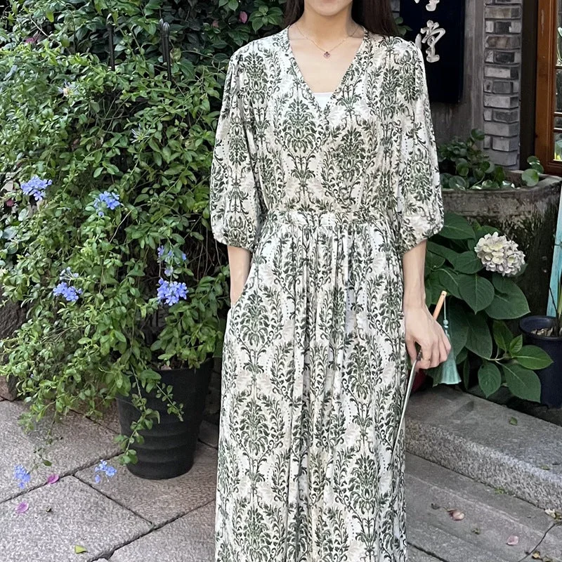 Linen dresses for summerIKEARLAX  Noil Poplin Dress Women's Summer Waist-Slimming Thin Sweet Floral V-neck Swing Artificial Cotton Vacation Beach Long Skirt