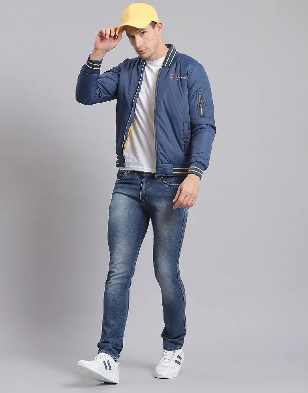 men's denim jackets with patchesMen Blue Printed Stand Collar Full Sleeve Jacket