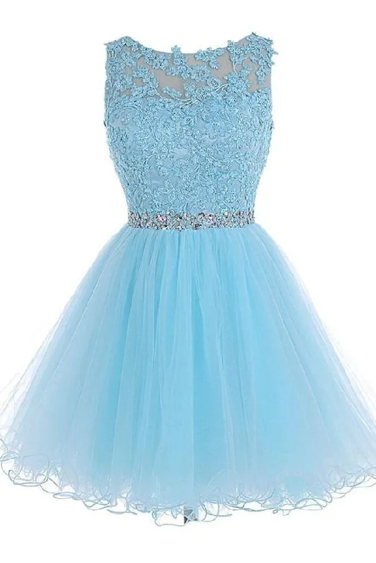 Flutter sleeve dresses for womenLight Sky Blue Lace Open Back Short Tulle Homecoming Dress K186