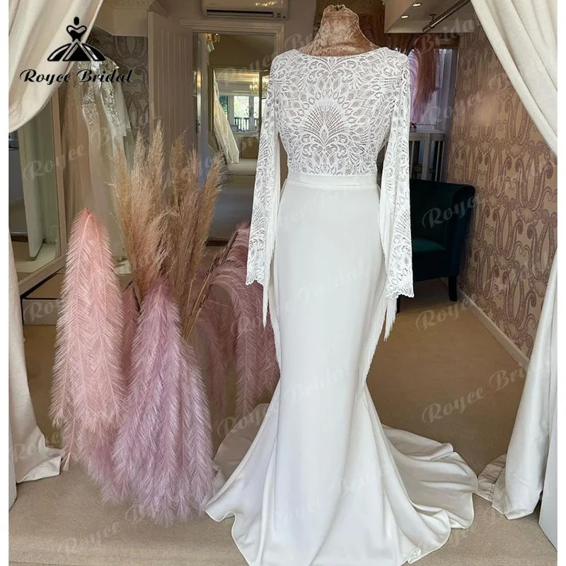 Silk dresses for womenSexy Bohemian Mermaid Wedding Gowns 2025 Robe Civil Satin Tassel Long Sleeve Bridal Boho Lace Bodice Wedding Gowns Open Back