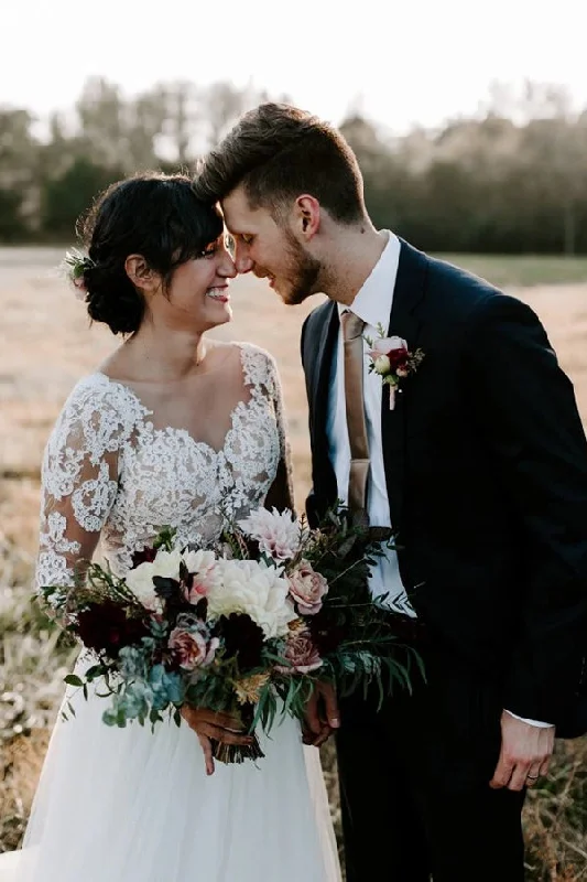 Wrap dresses for womenRoycebridal Cheap A-line Bateau Long Sleeve Rustic Lace Wedding Dresses,MW507