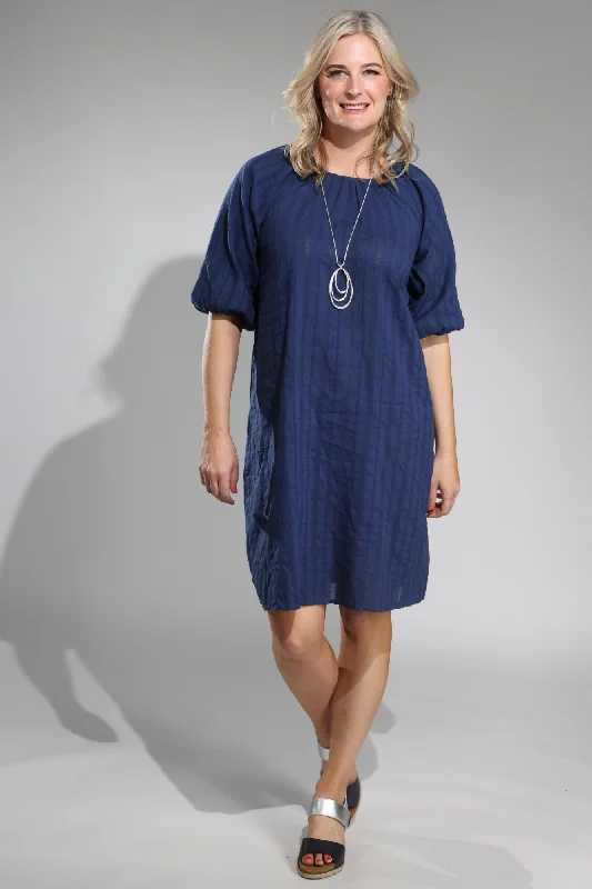 Cold-shoulder dresses for women100% Cotton Floral Stripe Dress | NAVY | 6117A1