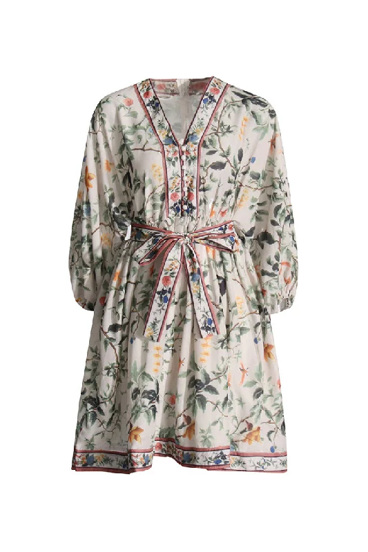 Leather dresses for womenVintage Floral V Neck Blouson Sleeve Bow Tie Beach Vacation Mini Dress