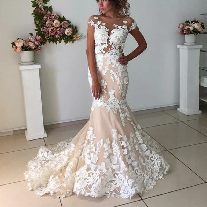 Cap sleeve dresses for womenHonest Tulle Mermaid Wedding Dress, Applique Backless Cap Sleeve Wedding Dress, LB0804