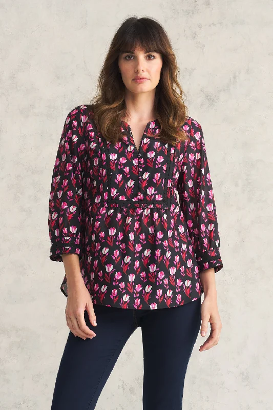 Earth-tone women's topsCotton Silk Blouse - Tulips Print