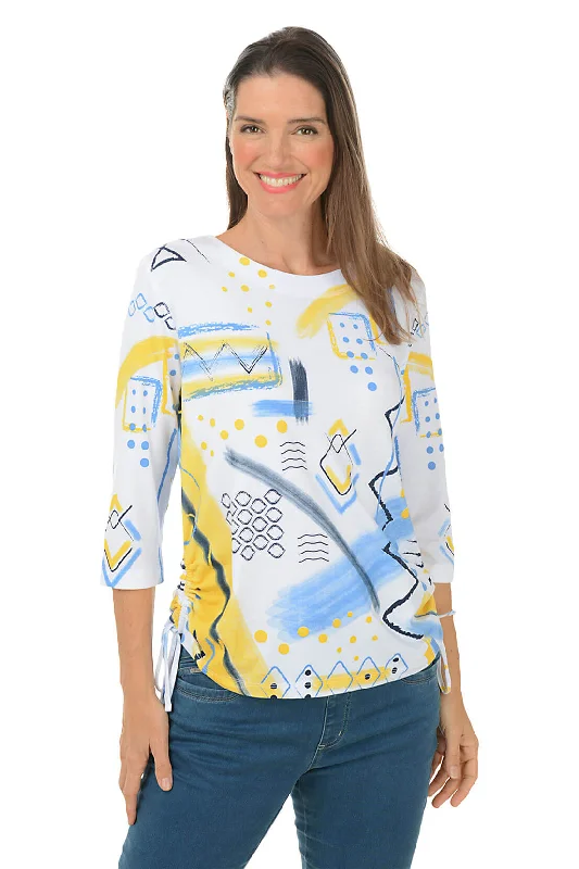 Oversized women's topsPetite Yellow Abstract Diamonds Side Shirred Top
