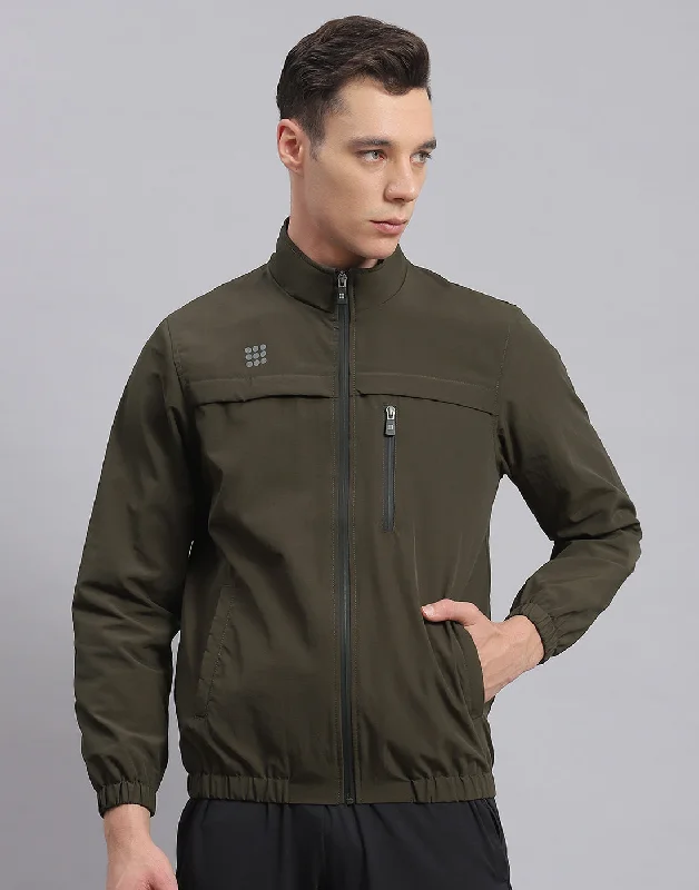 men's peacoats for cold weatherMen Olive Solid Stand Collar Full Sleeve Jacket