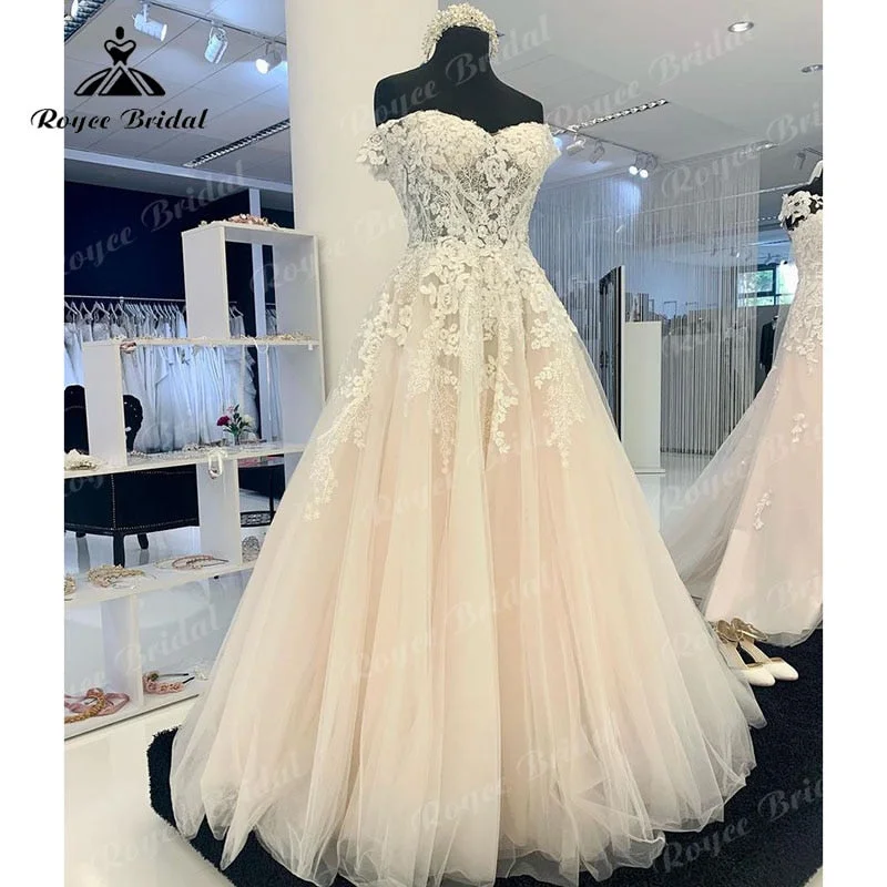 Backless dresses for womenRoycebridal Sexy Bridal Beach Lace Appliques Cap Sleeve Wedding Gown Off The Shoulder Summer 2025 Robe Femme Boho Tulle A Line Wedding Dress
