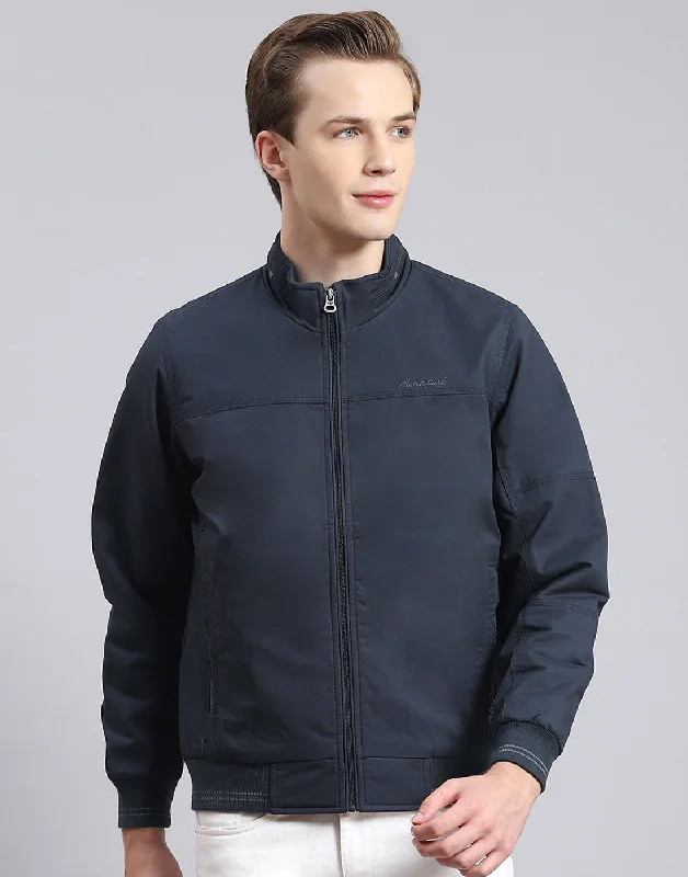 men's denim jackets with distressingMen Navy Blue Solid Stand Collar Full Sleeve Jacket