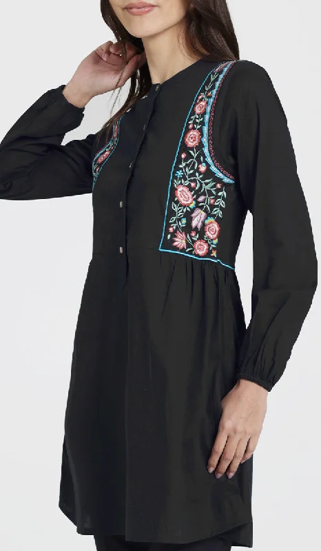 V-neck dresses for womenMarzo Embroidered Cotton Modest Buttondown Tunic - Black