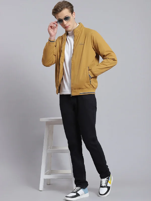men's velvet Norfolk jacketsMen Mustard Solid Stand Collar Full Sleeve Jacket