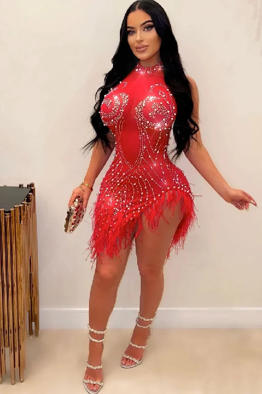 Dancewear dresses for performancesSparkly Crystal Beaded Sleeveless Sheer Mesh Feather Club Mini Dress - Red