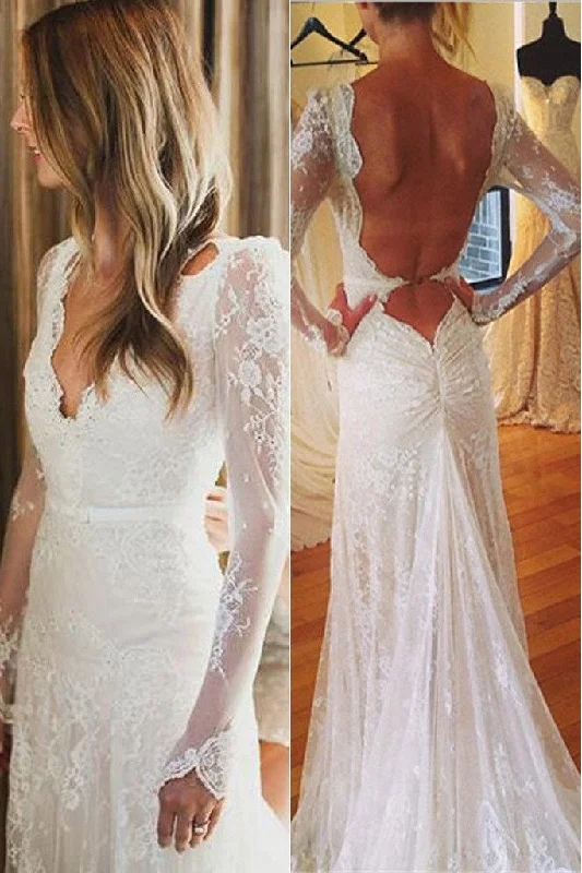 Tight-fitting dresses for womenRoycebridal White Tulle Lace Open Back V-neck Mermaid Long Sleeve Wedding Dresses, MW177