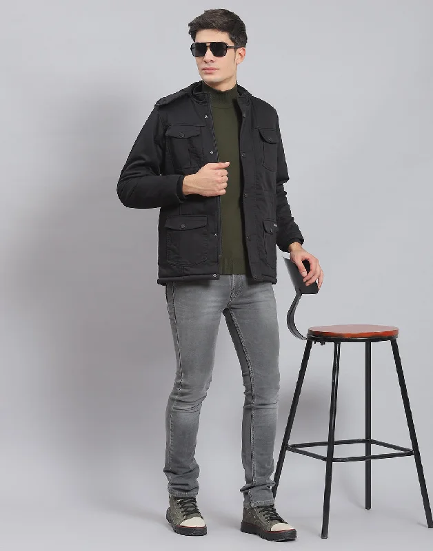 men's wool-blend trench coatsMen Black Solid Hooded Full Sleeve Jacket
