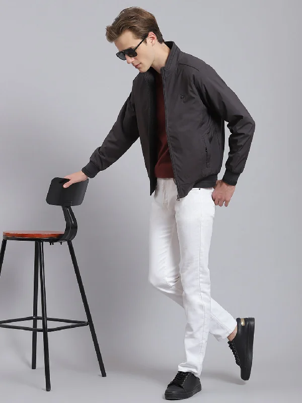 men's corduroy pea jacketsMen Grey Solid Stand Collar Full Sleeve Jacket