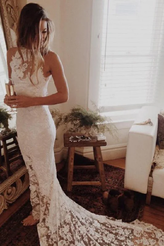 Day dresses for everyday wearRoycebridal Lace Mermaid Halter Princess Backless Romantic Beach Wedding Dresses, MW183